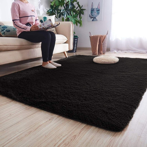 Alfombra De Sala Negra De Felpa Suave 1.5X2 Metros